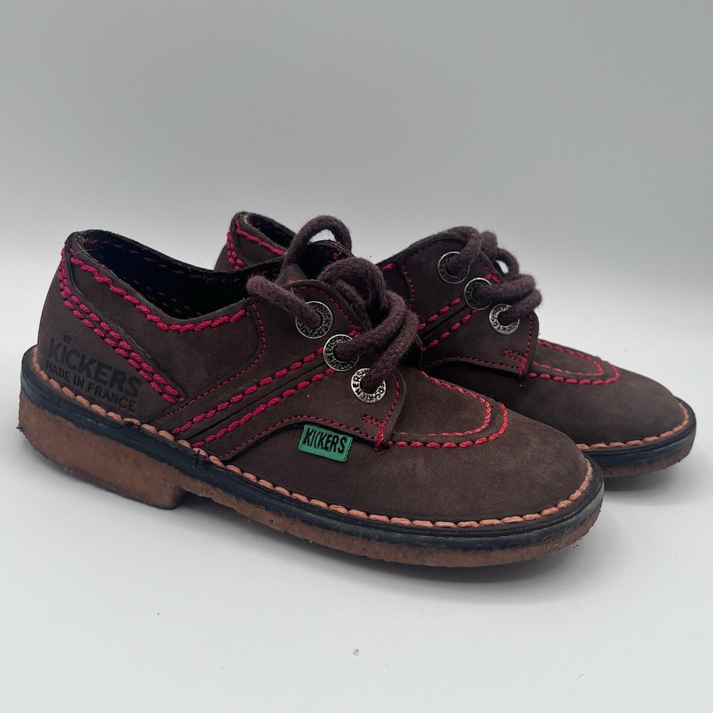 Kickers Kids Shoes Size 28 Brown Leather‎ Made in France Pink Stitch Lace Up